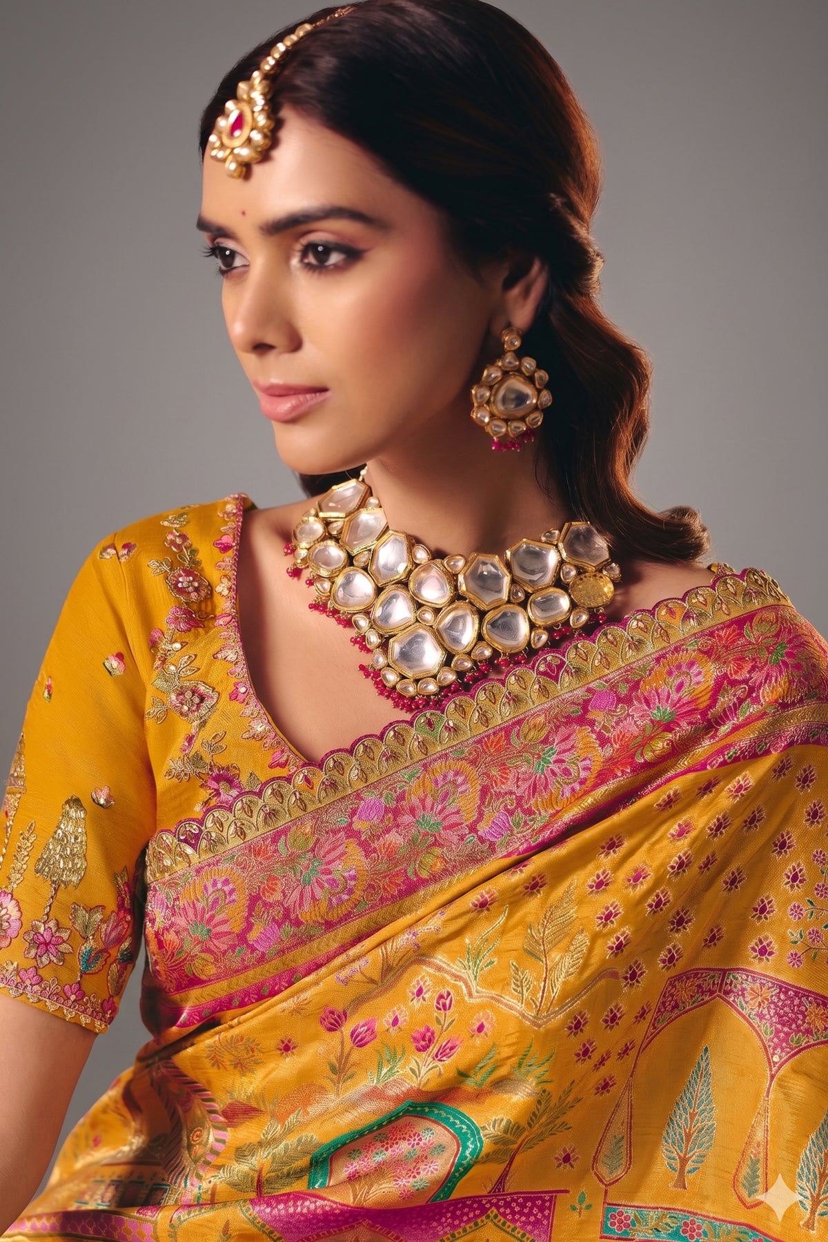 Turmeric Yellow Dola Silk Saree with Rich Pink Embroidered Contrasts