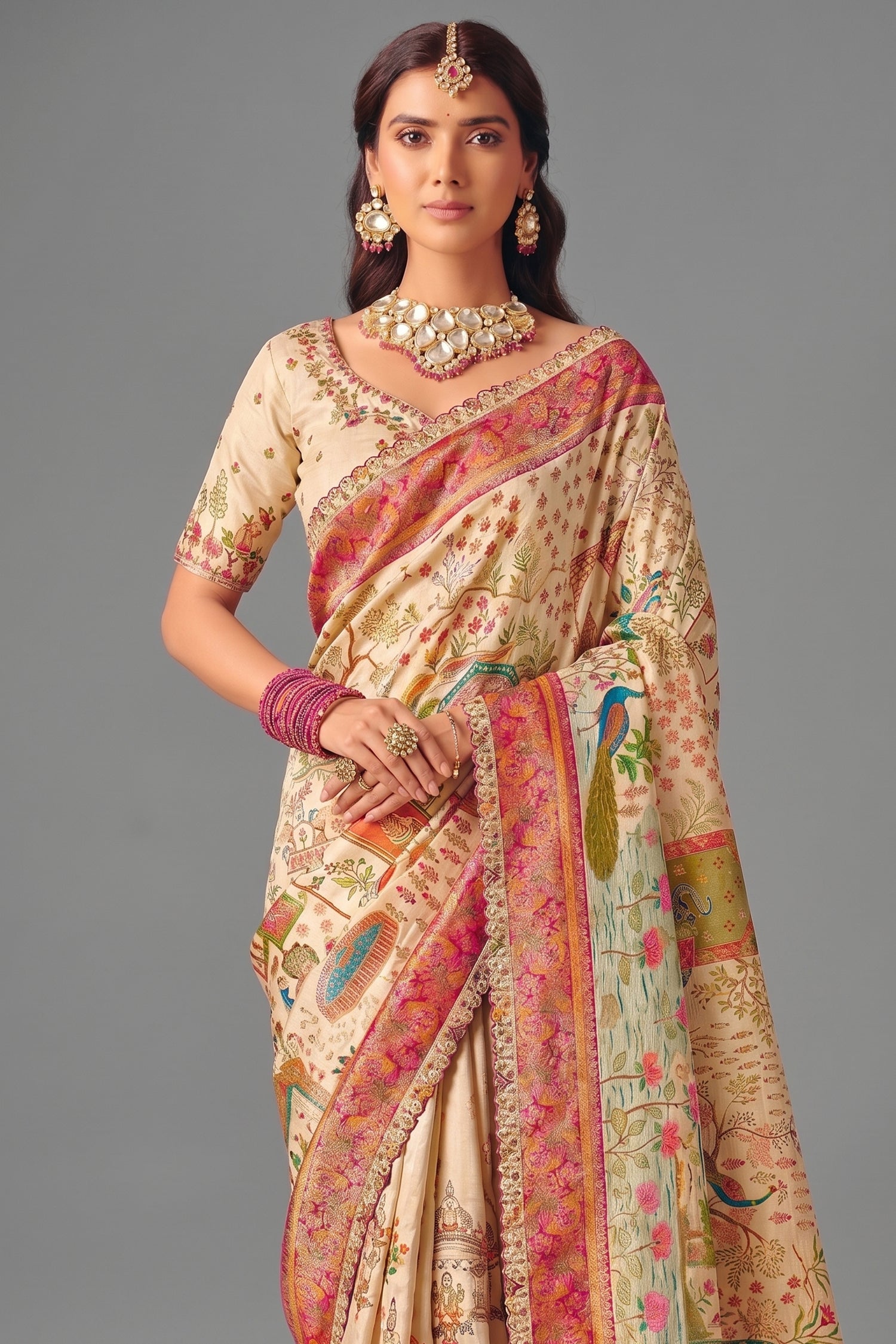Pearl White Dola Silk Saree Accented with A Heavy Fuchsia Pink Embroidered Pallu Secondary image
