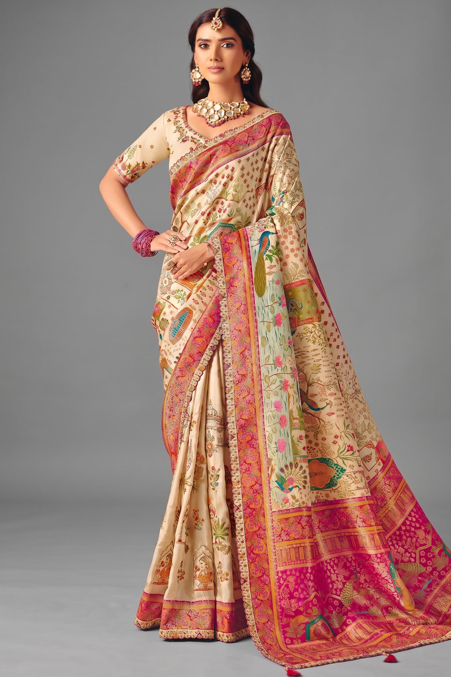 Pearl White Dola Silk Saree Accented with A Heavy Fuchsia Pink Embroidered Pallu Main image