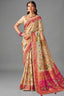 Pearl White Dola Silk Saree Accented with A Heavy Fuchsia Pink Embroidered Pallu
