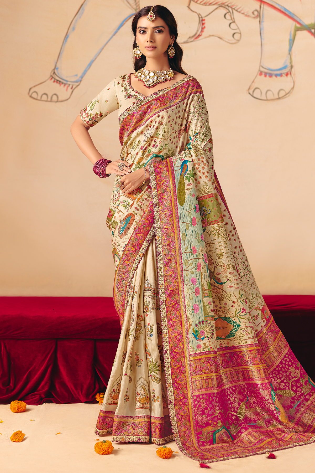 Pearl White Dola Silk Saree Accented with A Heavy Fuchsia Pink Embroidered Pallu
