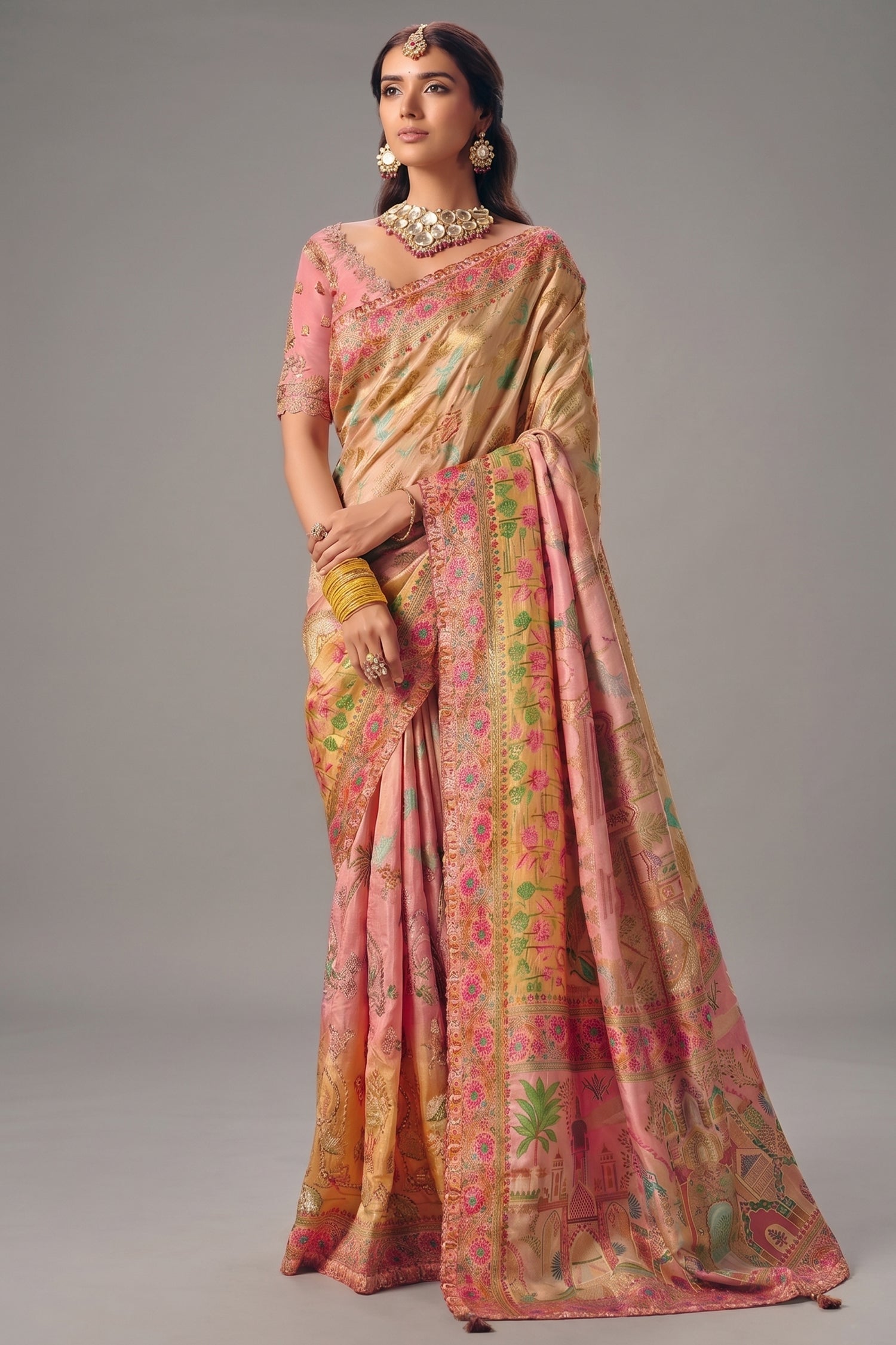 Champagne Peach Dola Silk Saree Detailed with Delicate Pastel Threadwork Main image