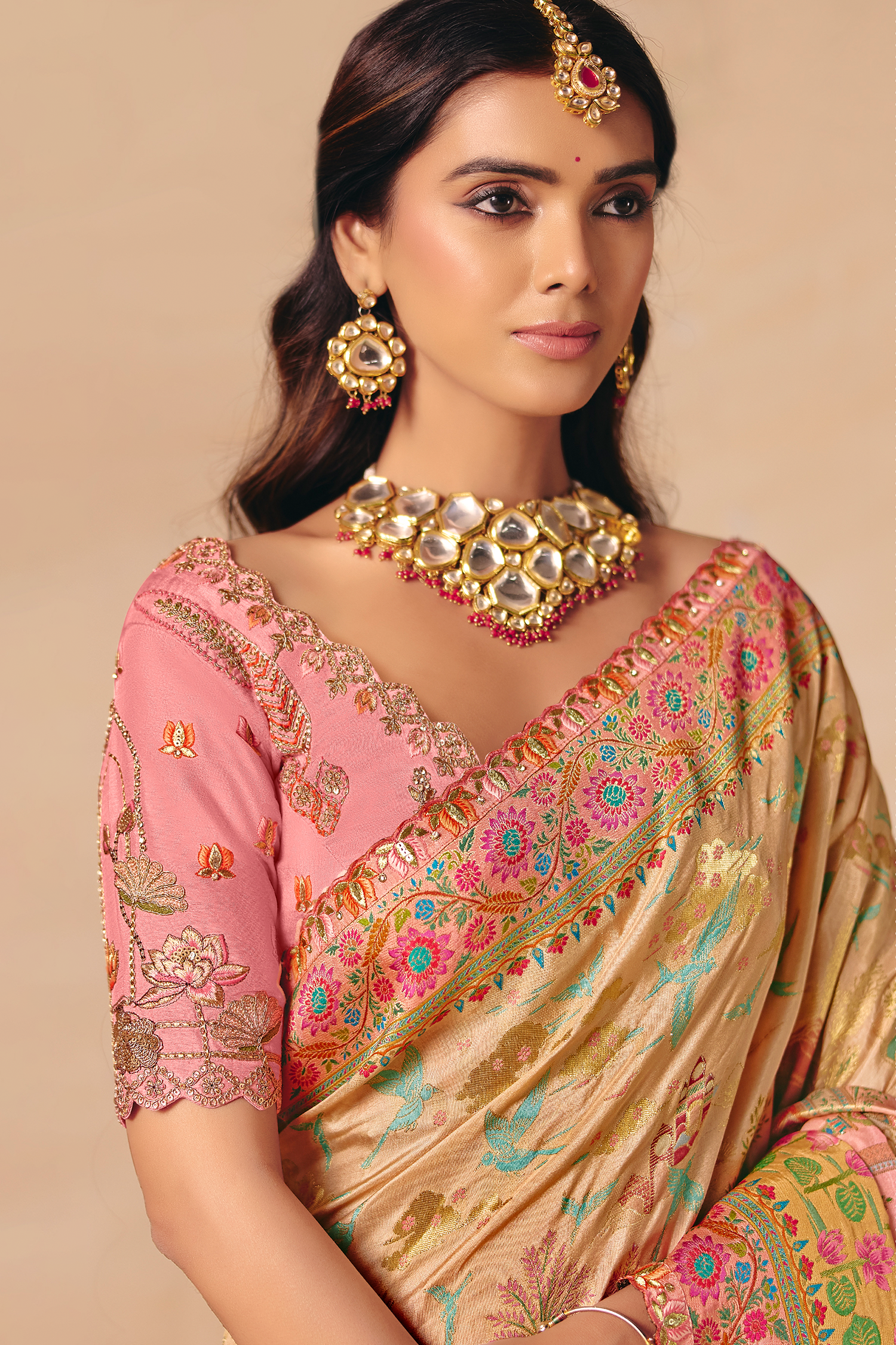 Champagne Peach Dola Silk Saree Detailed with Delicate Pastel Threadwork