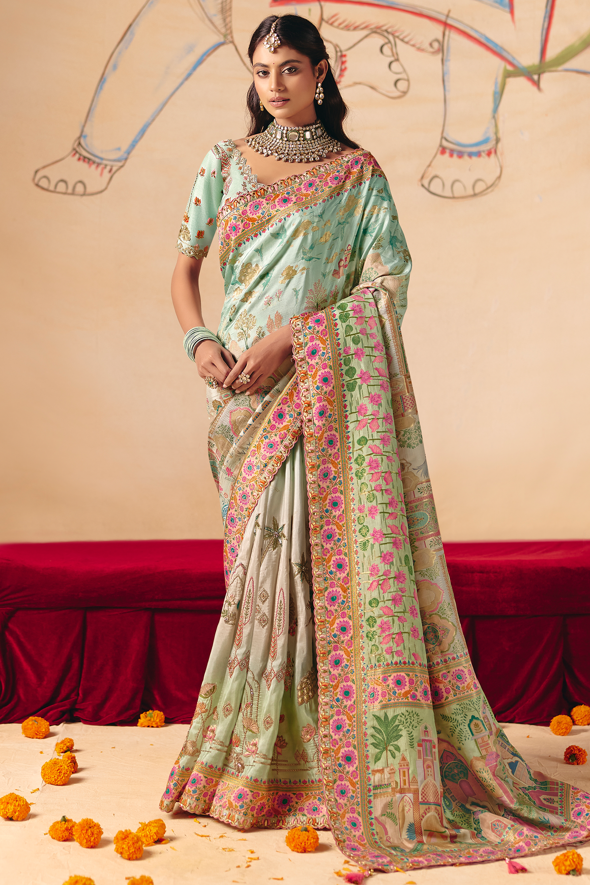 Mint Green Dola Silk Saree Highlighted with Heavy Cutwork Lace
