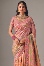 Soft Coral Peach Dola Silk Saree Framed with Heavy Traditional Embroidered Border
