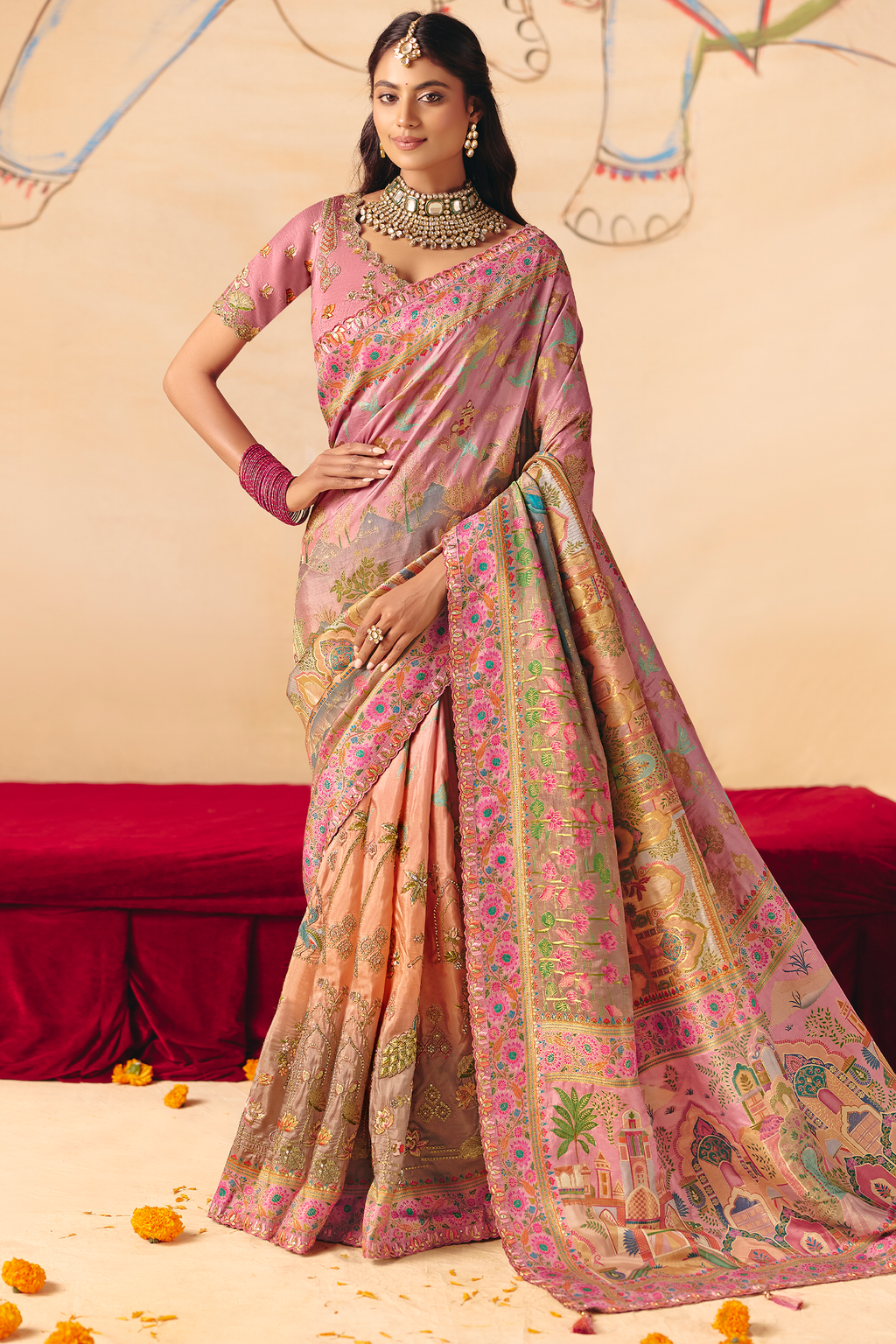 Soft Coral Peach Dola Silk Saree Framed with Heavy Traditional Embroidered Border