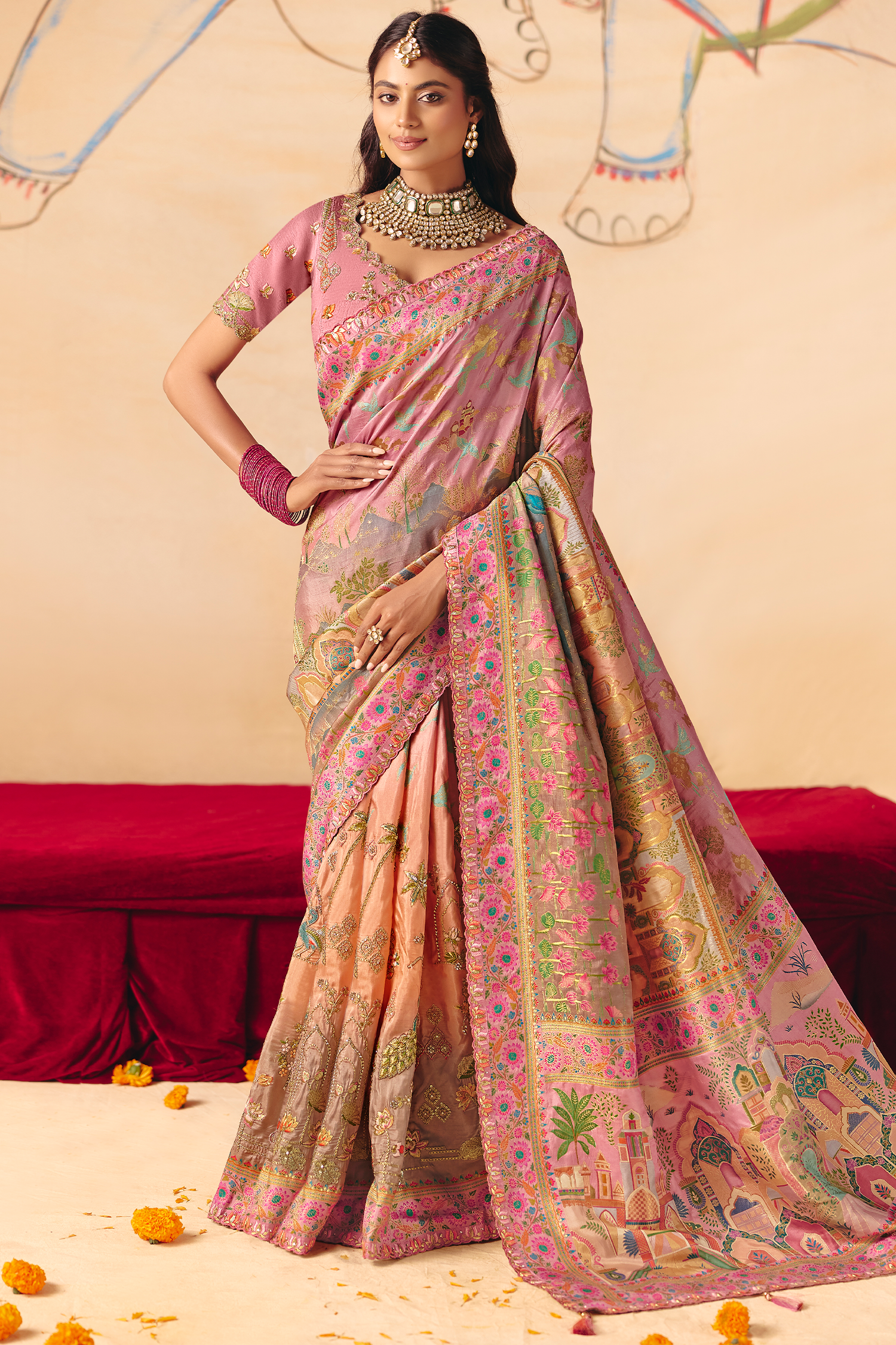 Soft Coral Peach Dola Silk Saree Framed with Heavy Traditional Embroidered Border