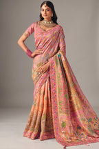 Soft Coral Peach Dola Silk Saree Framed with Heavy Traditional Embroidered Border