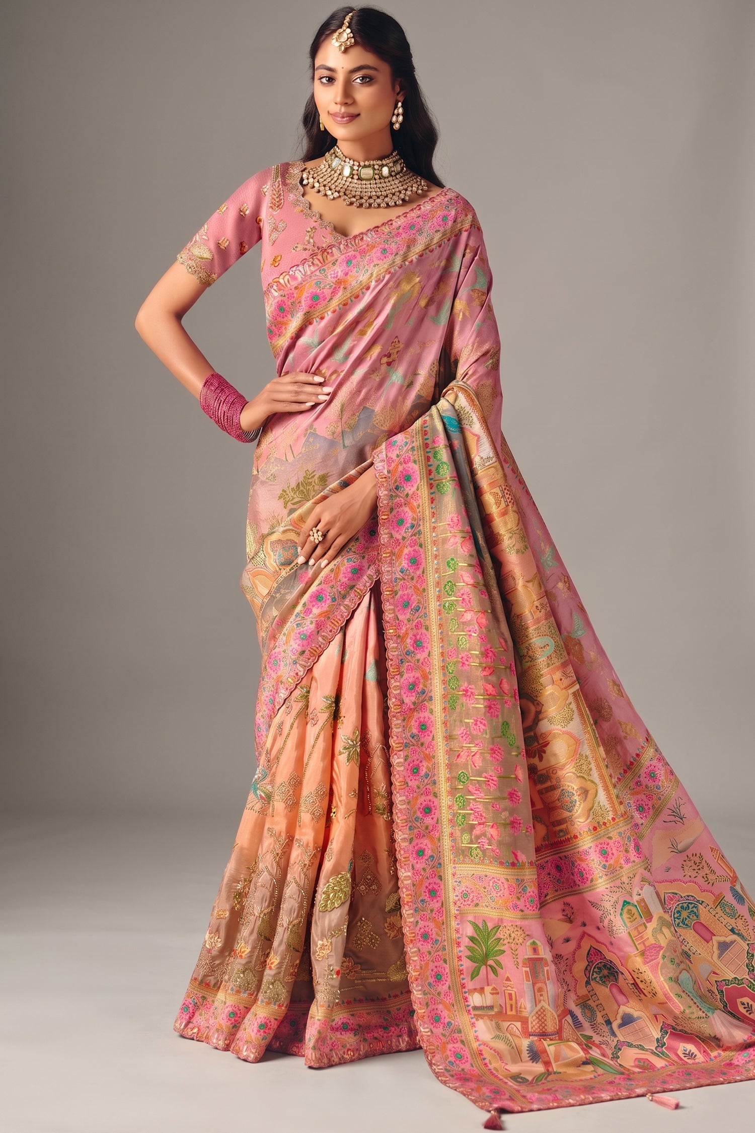 Soft Coral Peach Dola Silk Saree Framed with Heavy Traditional Embroidered Border