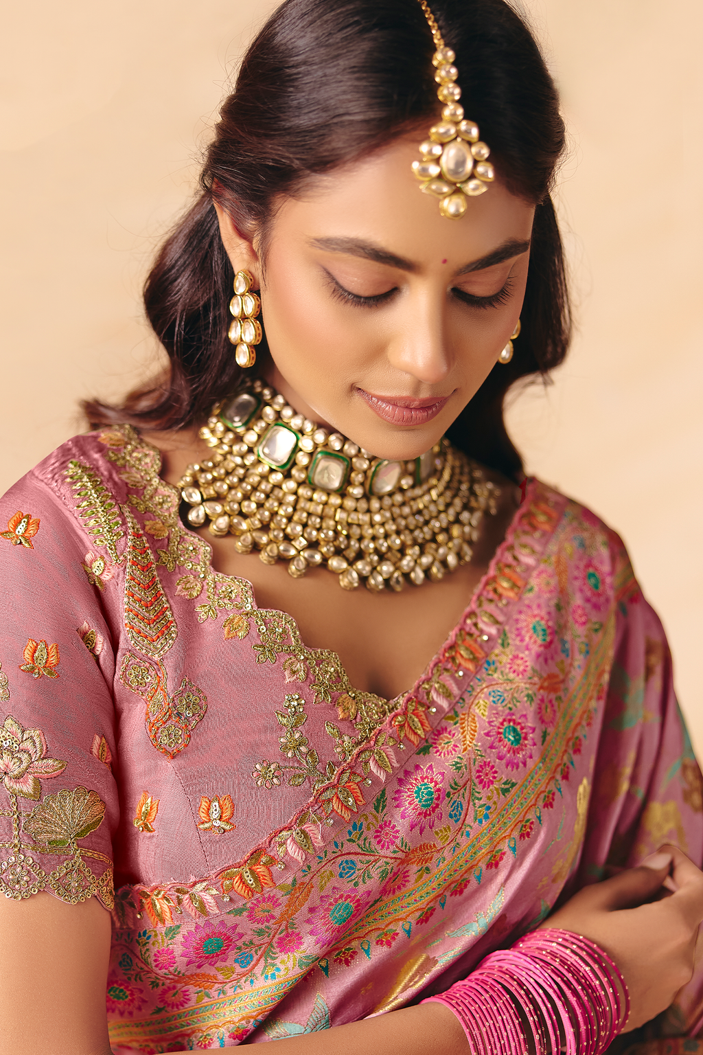 Soft Coral Peach Dola Silk Saree Framed with Heavy Traditional Embroidered Border