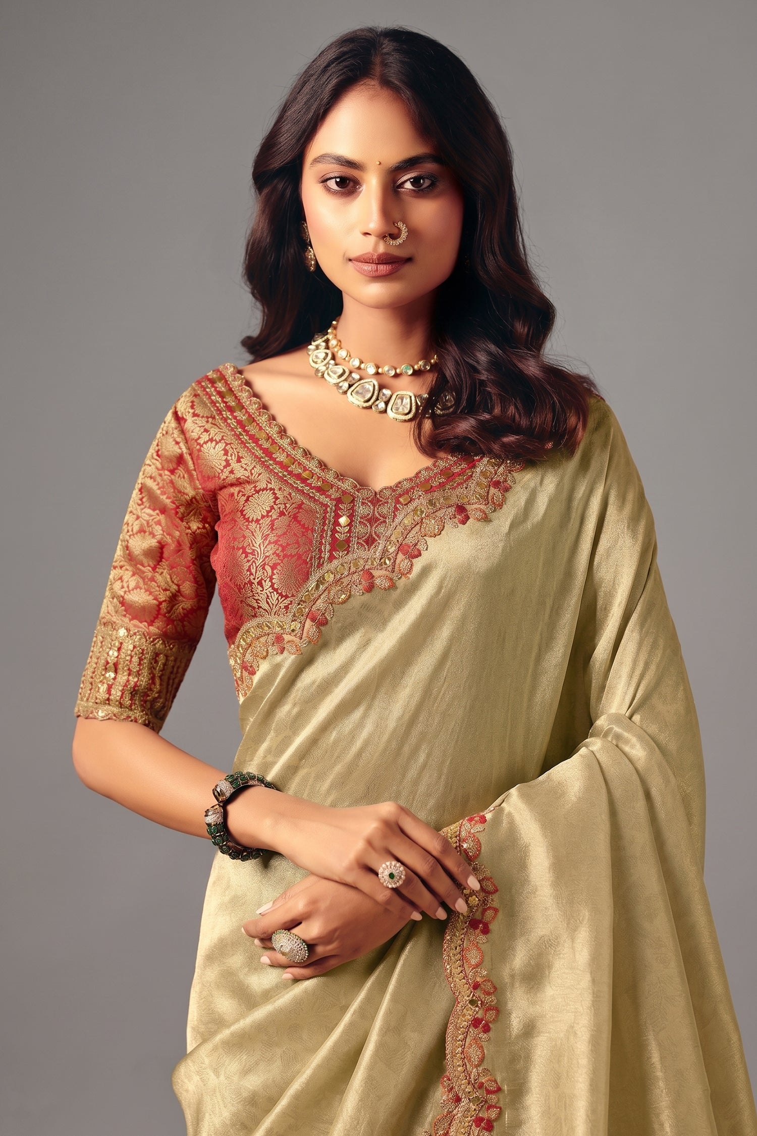 Champagne Olive Green Silk Saree with Red Embroidered Scallop Border Secondary image