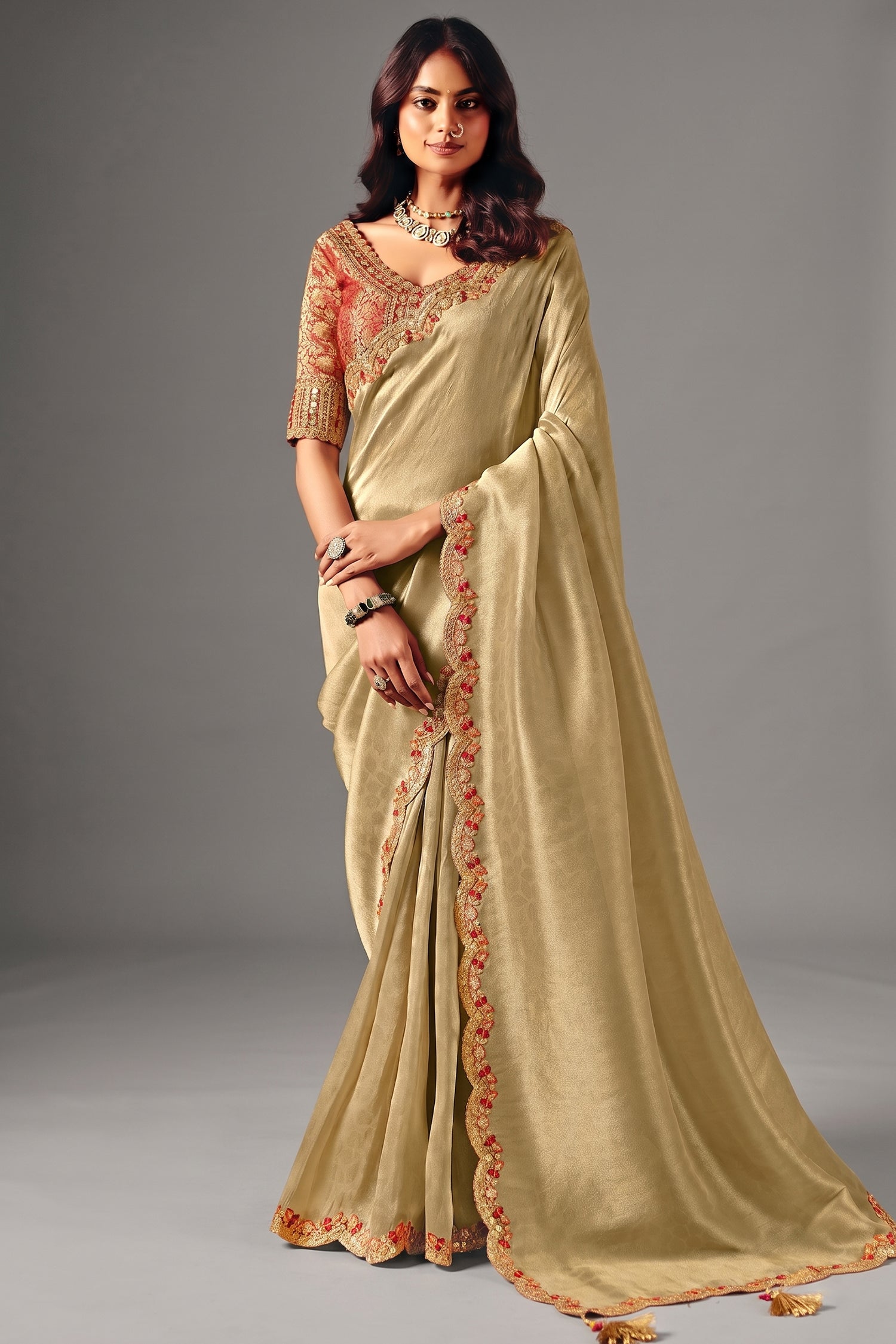 Champagne Olive Green Silk Saree with Red Embroidered Scallop Border Main image