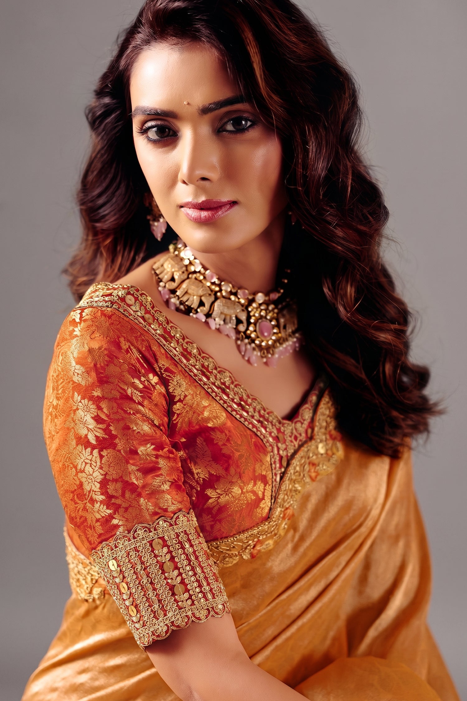 Shimmering Copper Orange Zari Silk Saree with Cutwork Embroidery Secondary image