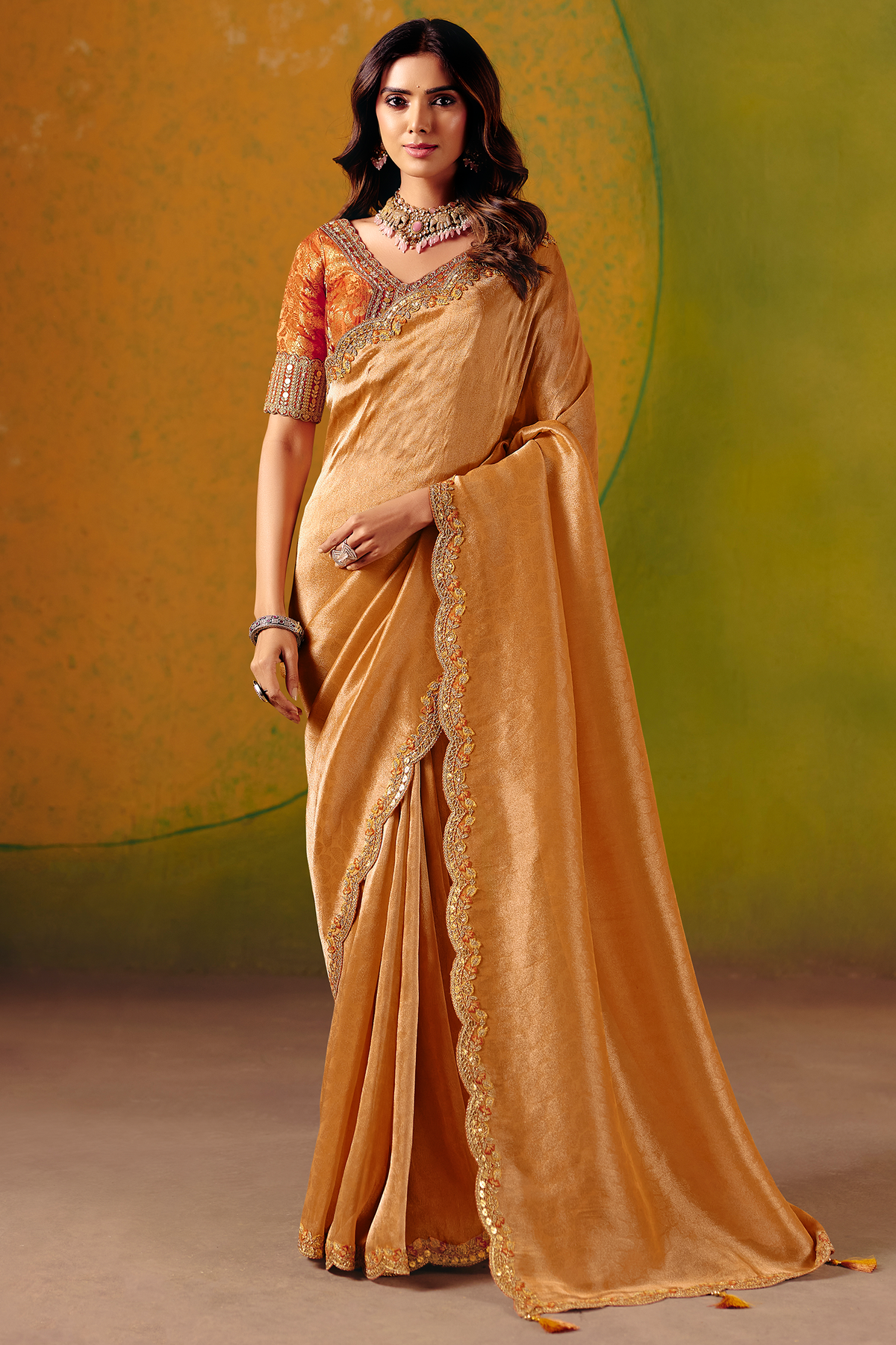 Shimmering Copper Orange Zari Silk Saree with Cutwork Embroidery