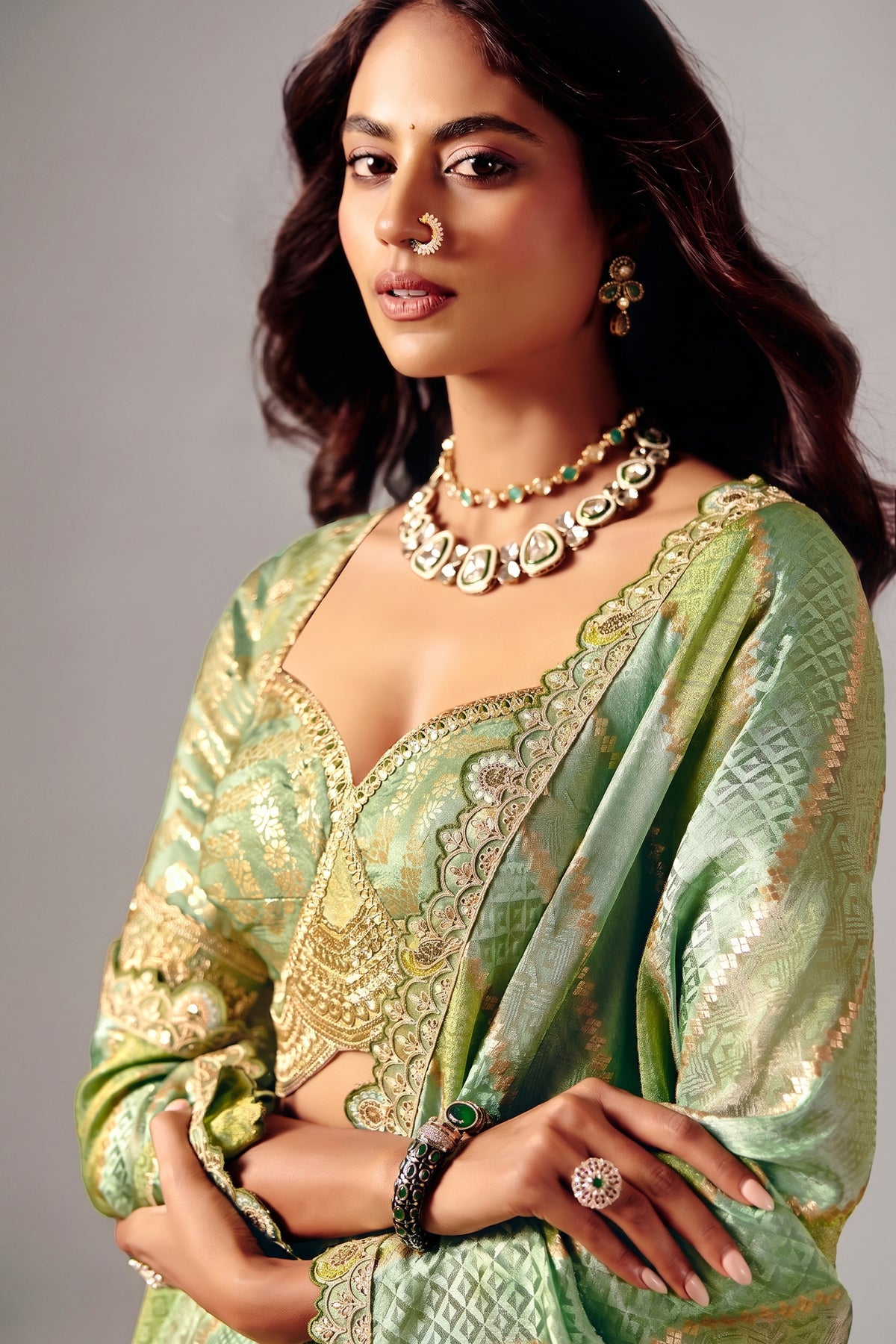 Seafoam Mint Striped Two Tone Jacquard Silk Saree with Showcasing Metallic Weaving