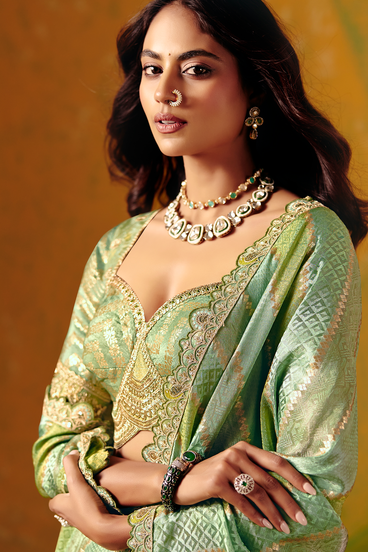 Seafoam Mint Striped Two Tone Jacquard Silk Saree with Showcasing Metallic Weaving