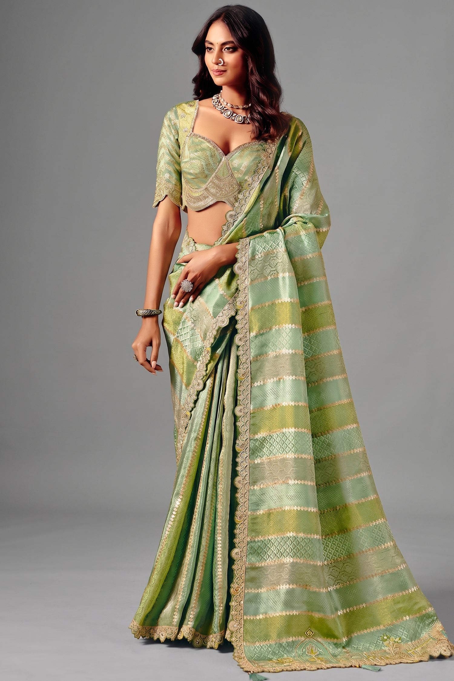 Seafoam Mint Striped Two Tone Jacquard Silk Saree with Showcasing Metallic Weaving Main image