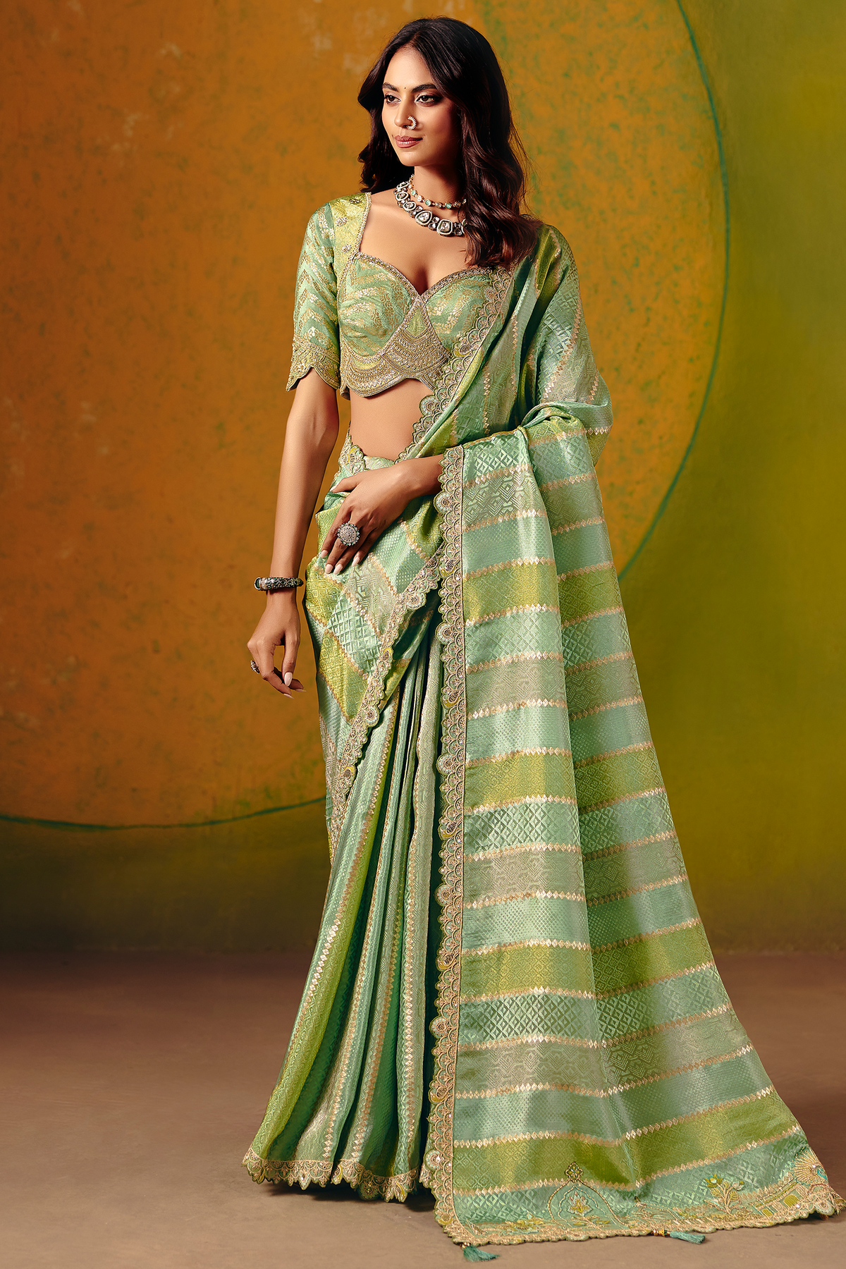 Seafoam Mint Striped Two Tone Jacquard Silk Saree with Showcasing Metallic Weaving