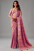 Dusty Mauve Lavender Striped Two Tone Jacquard Silk Saree with Showcasing Metallic Weaving
