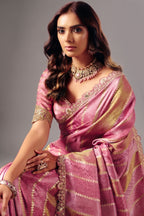 Dusty Mauve Lavender Striped Two Tone Jacquard Silk Saree with Showcasing Metallic Weaving