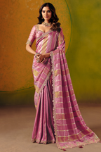Dusty Mauve Lavender Striped Two Tone Jacquard Silk Saree with Showcasing Metallic Weaving