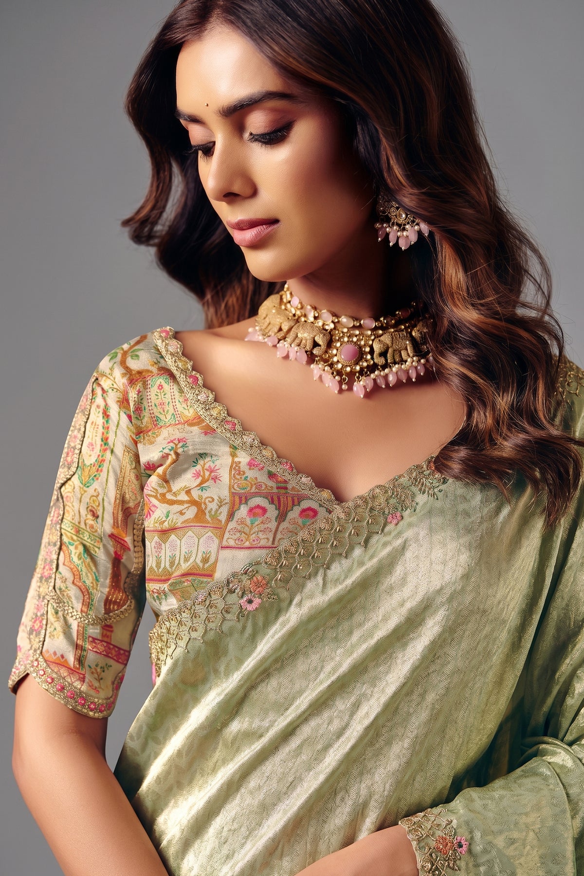 Pale Pista Green Zari Weaving Silk Saree with Embroidered Border