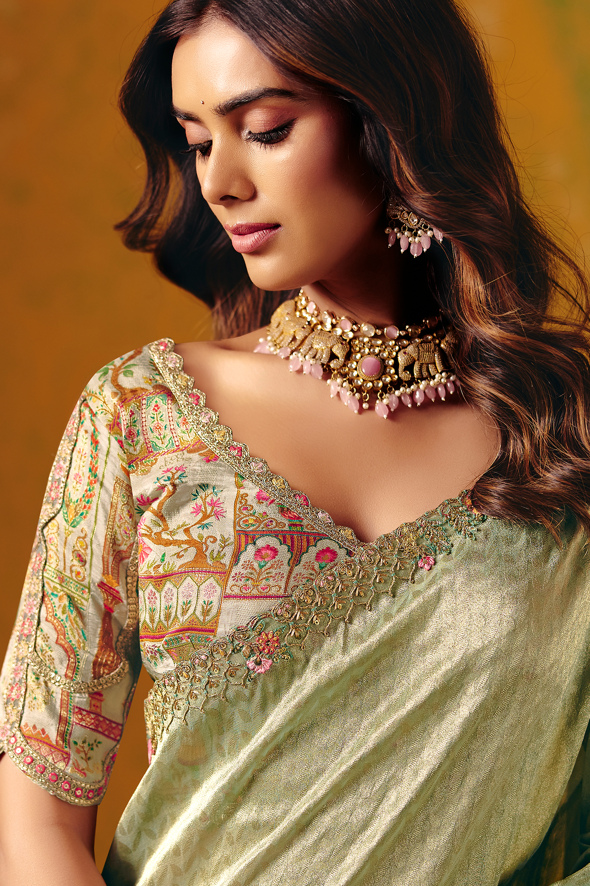Pale Pista Green Zari Weaving Silk Saree with Embroidered Border