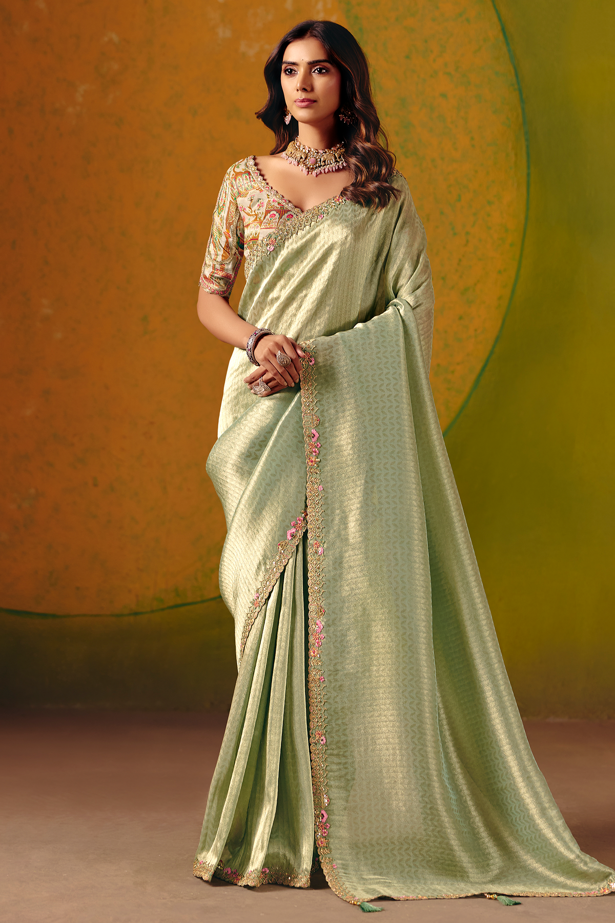 Pale Pista Green Zari Weaving Silk Saree with Embroidered Border