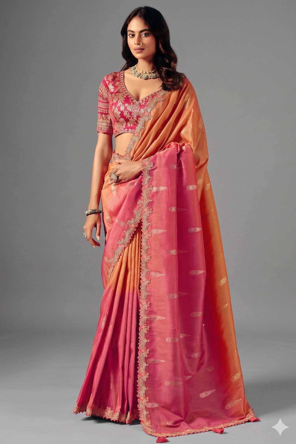 Sunset Dual-Tone Pink & Orange Zari Silk Saree with Red Embroidered Scallop Border