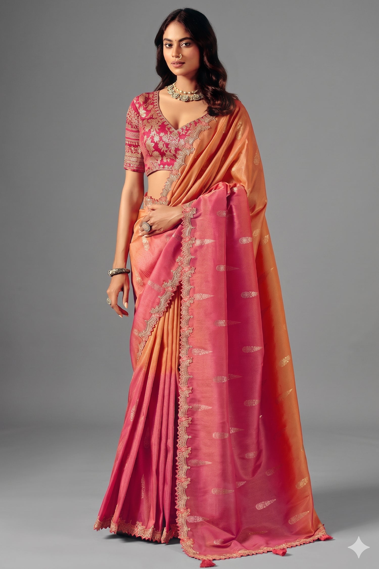 Sunset Dual-Tone Pink & Orange Zari Silk Saree with Red Embroidered Scallop Border