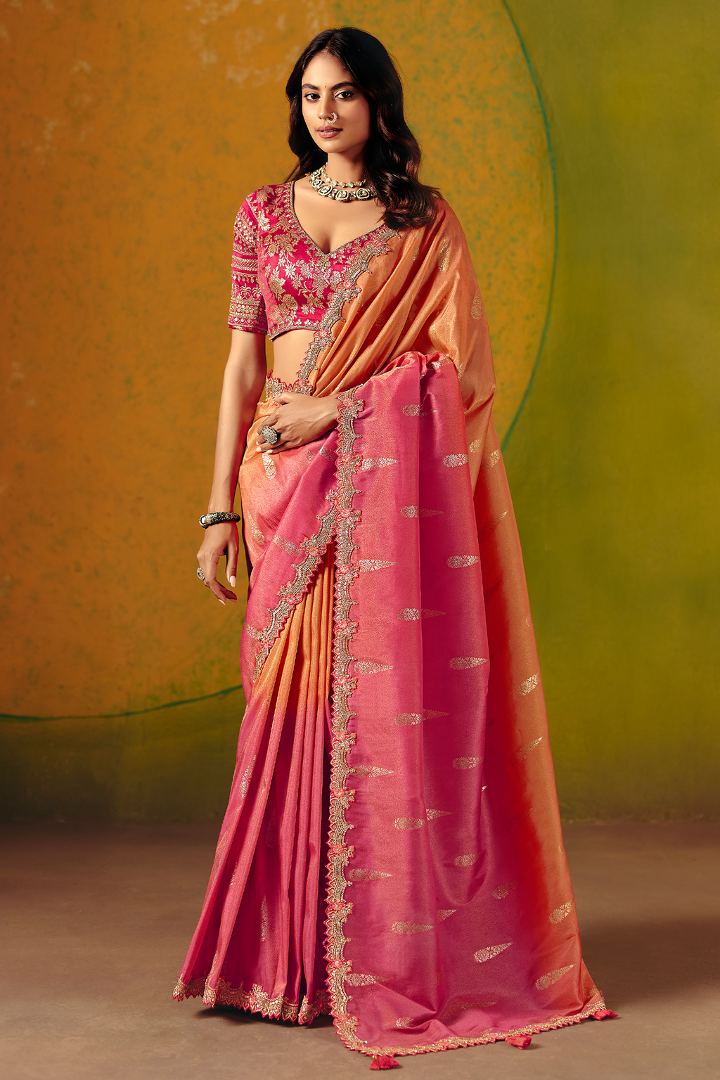 Sunset Dual-Tone Pink & Orange Zari Silk Saree with Red Embroidered Scallop Border