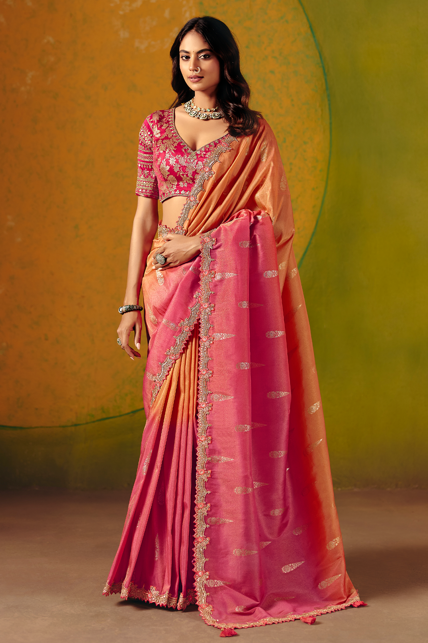 Sunset Dual-Tone Pink & Orange Zari Silk Saree with Red Embroidered Scallop Border