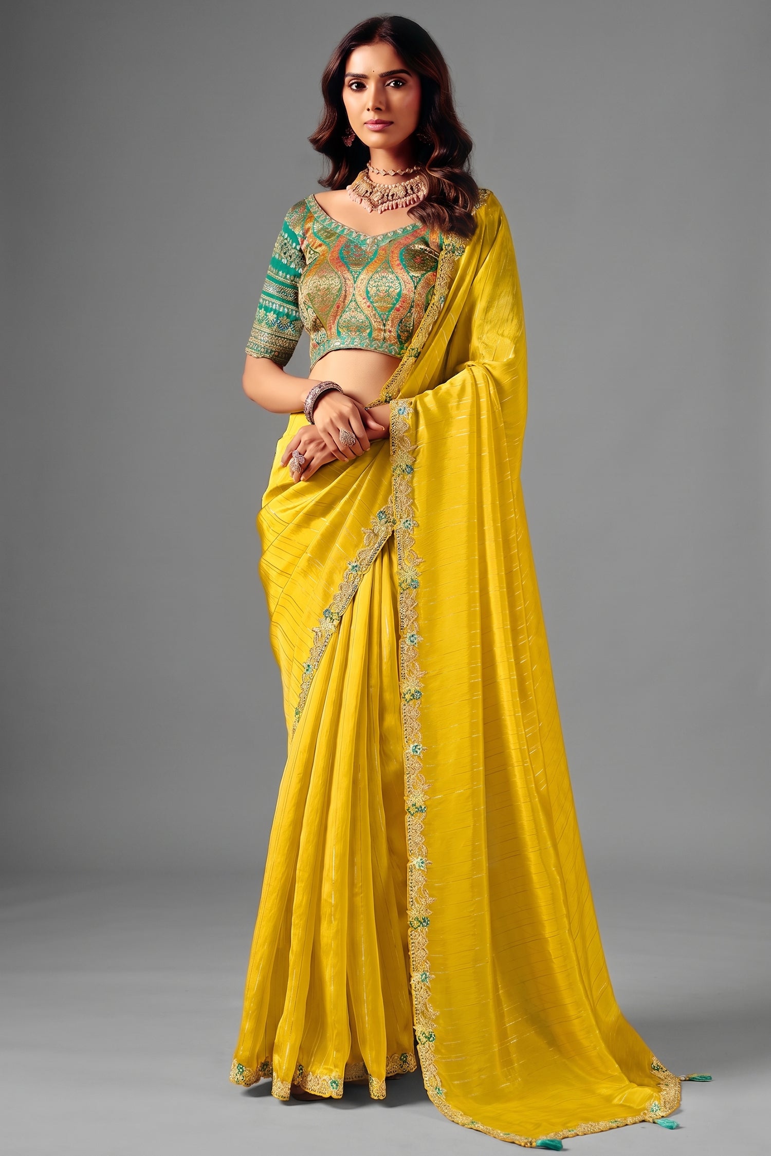 Vibrant Yellow Smooth Zari Silk Saree with Embroidered Border Main image