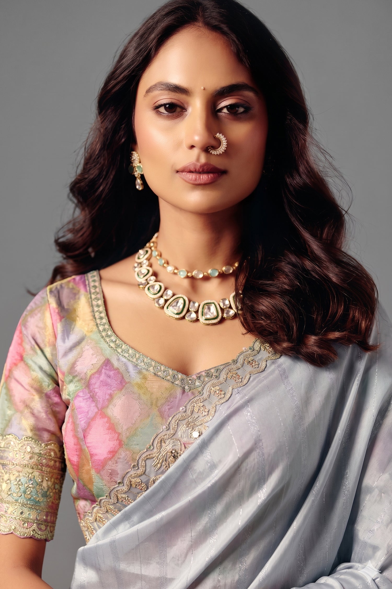 Ice Silver Grey Striped Smooth Zari Silk Saree with Embroidered Border Secondary image