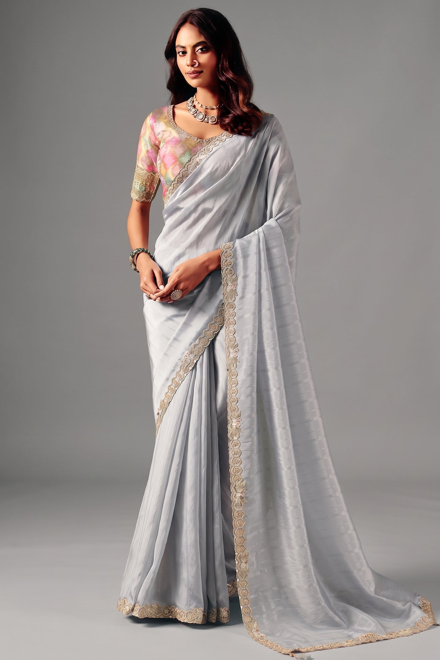 Ice Silver Grey Striped Smooth Zari Silk Saree with Embroidered Border Main image