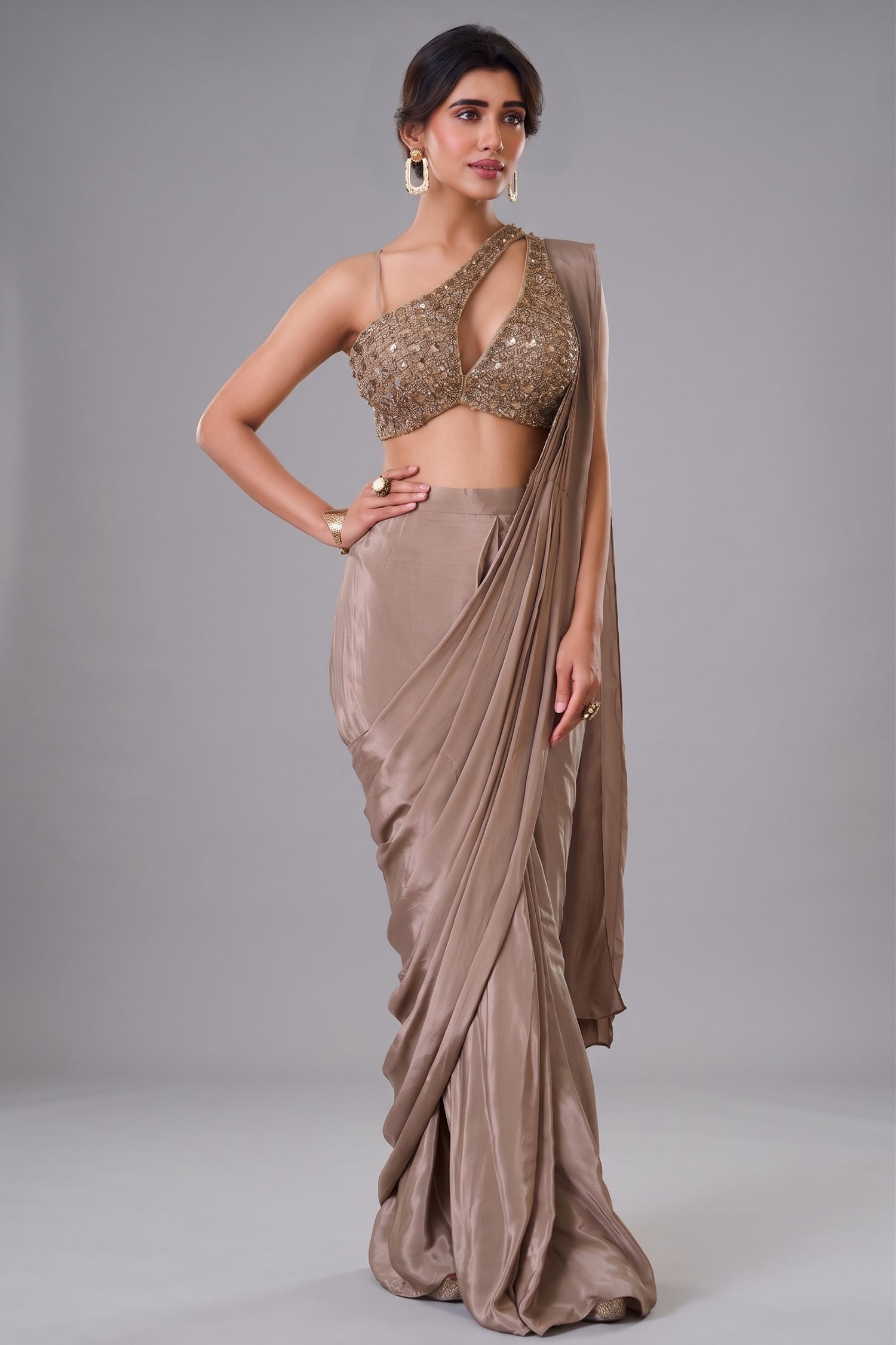 Brown Crepe Silk Pre-Draped Saree Featuring Heavily One-Shoulder Cutout Blouse Main image