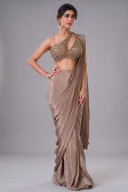 Brown Crepe Silk Pre-Draped Saree Featuring Heavily One-Shoulder Cutout Blouse