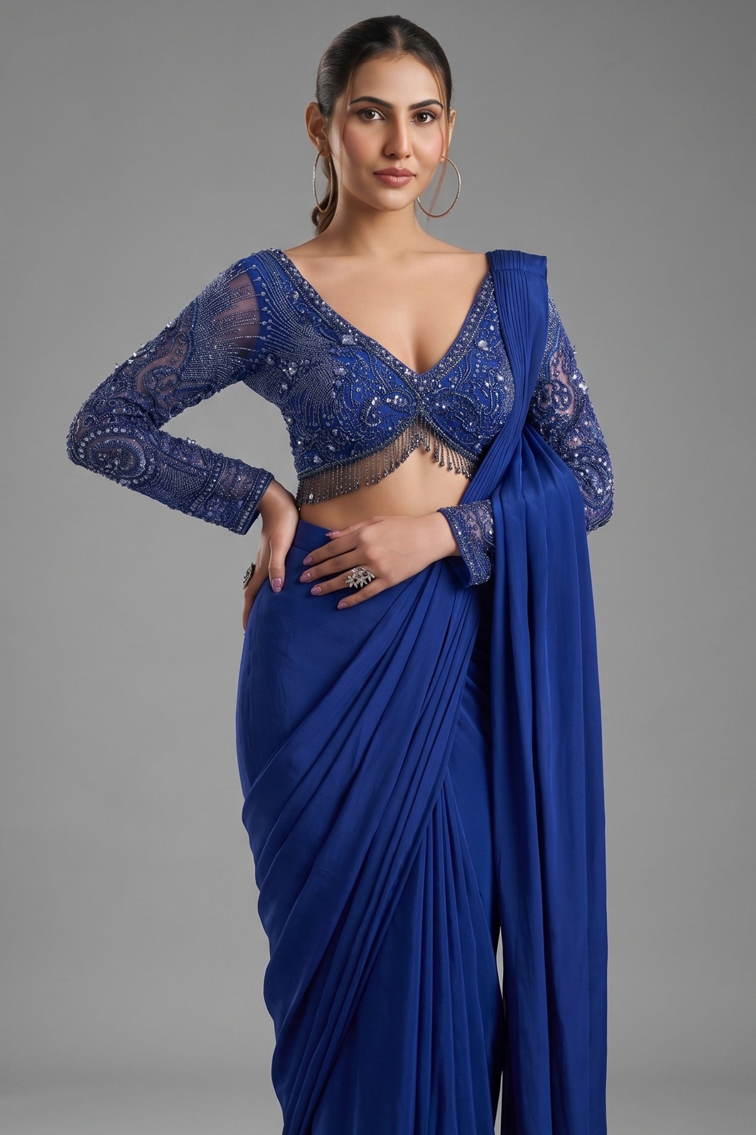 Indigo Blue Crepe Silk Pre-Draped Saree featuring Heavily Hand-Embellished V-Neck Full Sleeve Blouse Secondary image