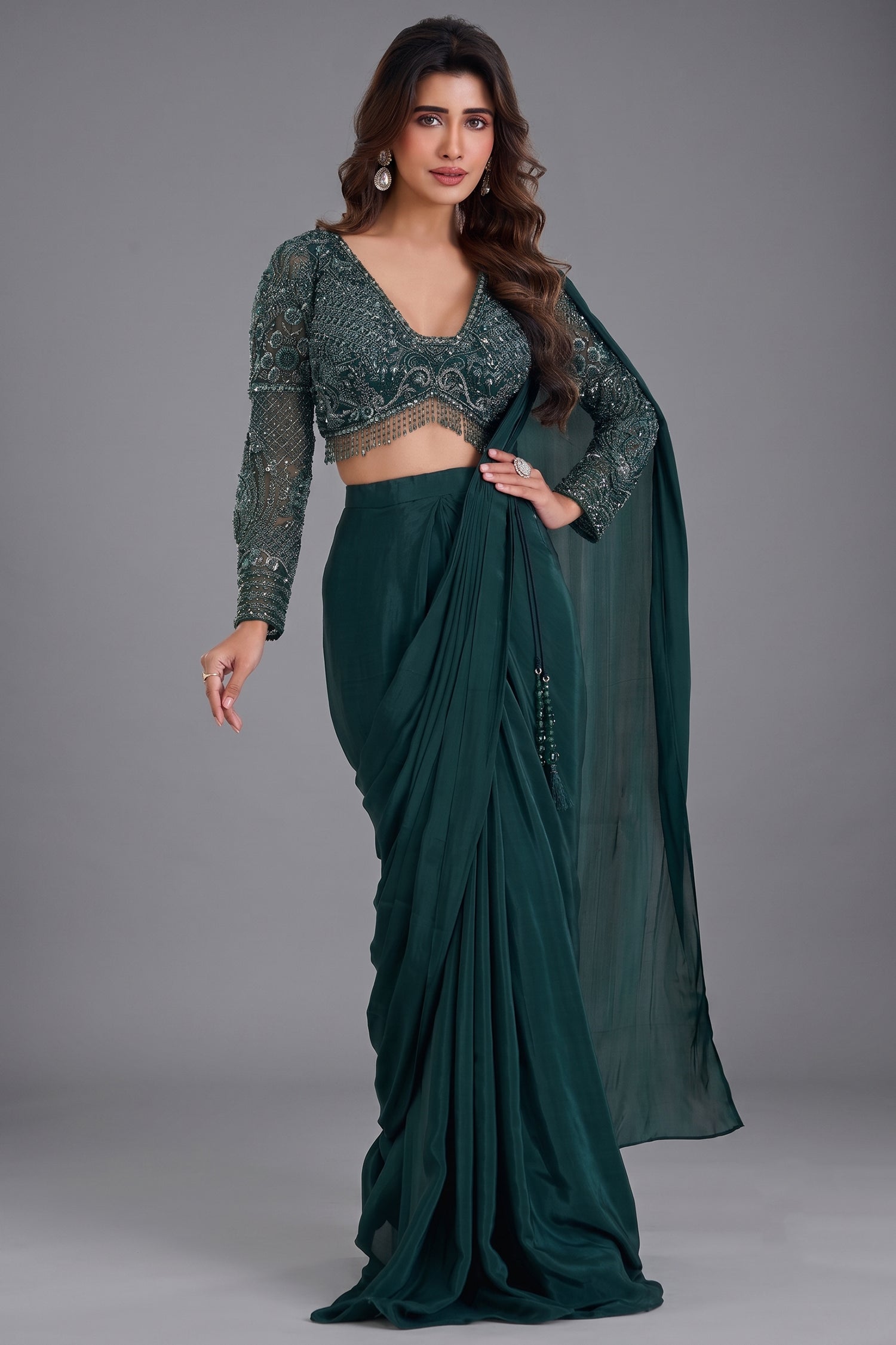 Bottle Green Crepe Silk Pre-Draped Saree featuring Heavily V-Neck Sequin Cutdana Choli with Hanging Beads Fringe Main image