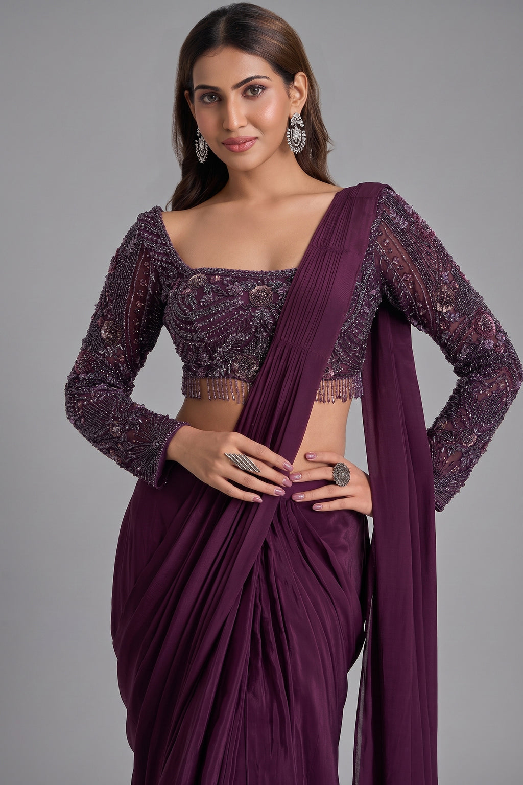 Plum Wine Crepe Silk Pre-Draped Saree Featuring Embellished Full-Sleeve Blouse
