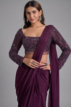 Plum Wine Crepe Silk Pre-Draped Saree Featuring Embellished Full-Sleeve Blouse
