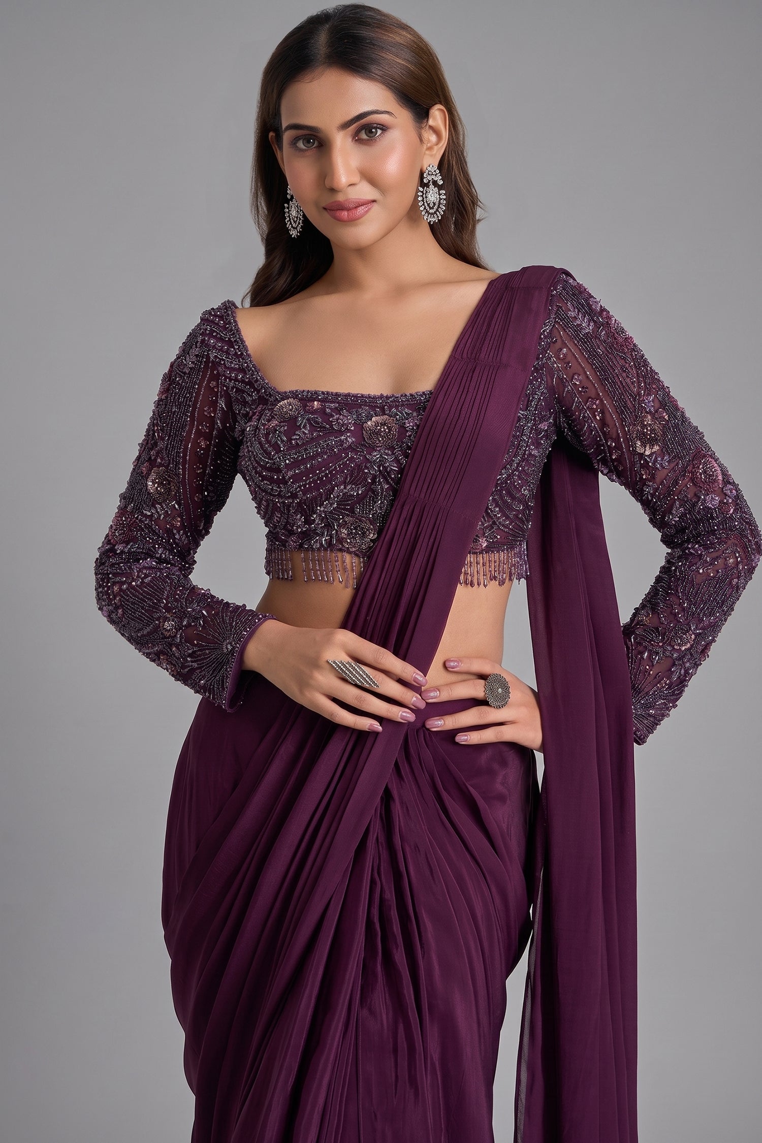 Plum Wine Crepe Silk Pre-Draped Saree Featuring Embellished Full-Sleeve Blouse