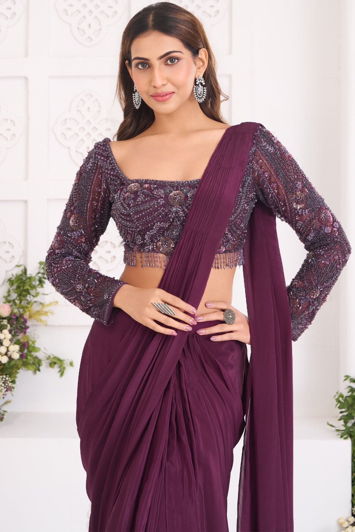 Plum Wine Crepe Silk Pre-Draped Saree Featuring Embellished Full-Sleeve Blouse