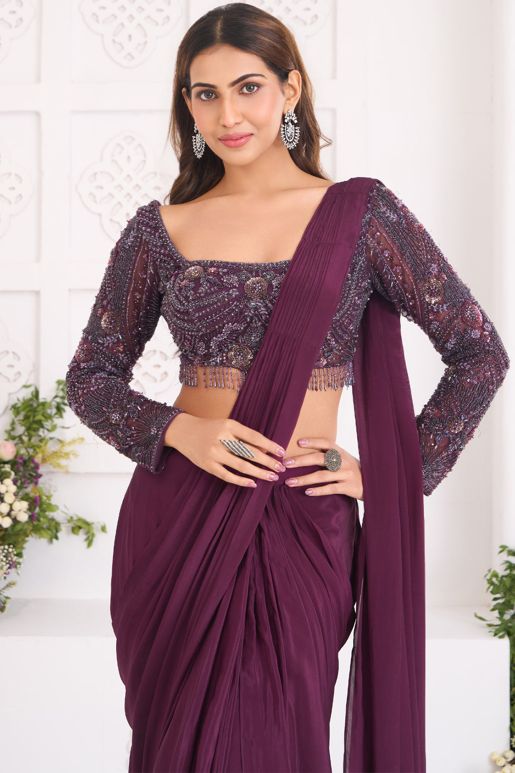 Plum Wine Crepe Silk Pre-Draped Saree Featuring Embellished Full-Sleeve Blouse