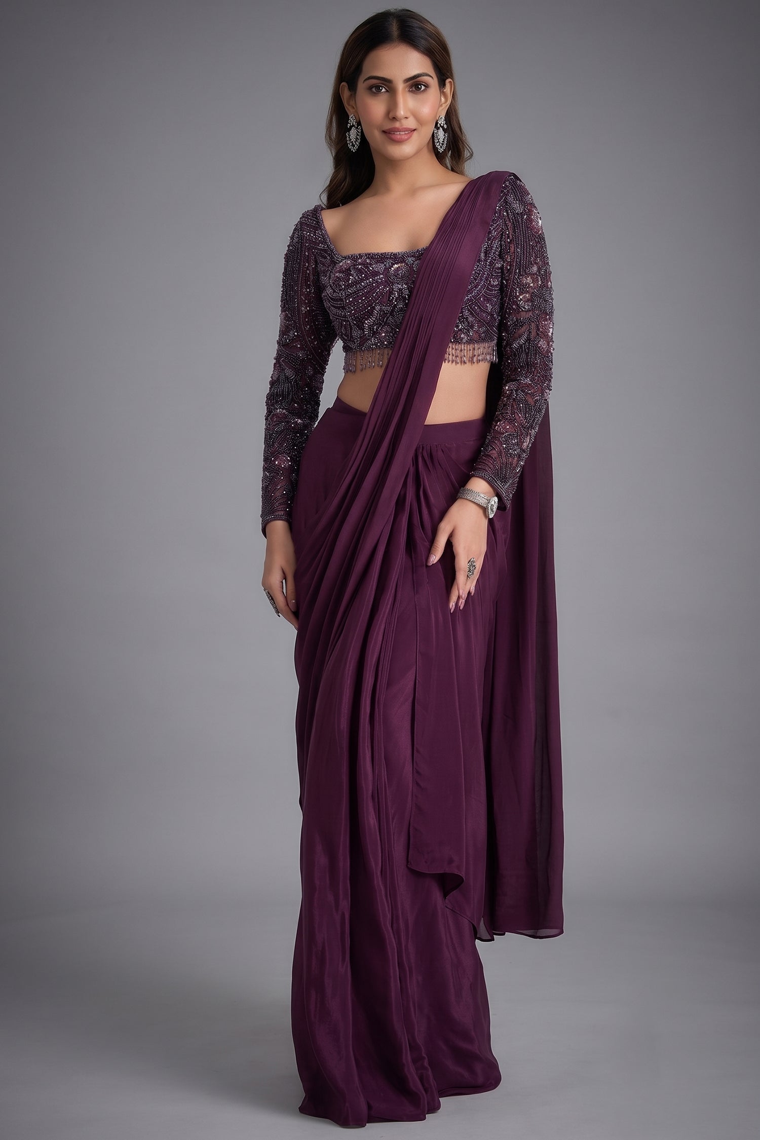 Plum Wine Crepe Silk Pre-Draped Saree Featuring Embellished Full-Sleeve Blouse Main image