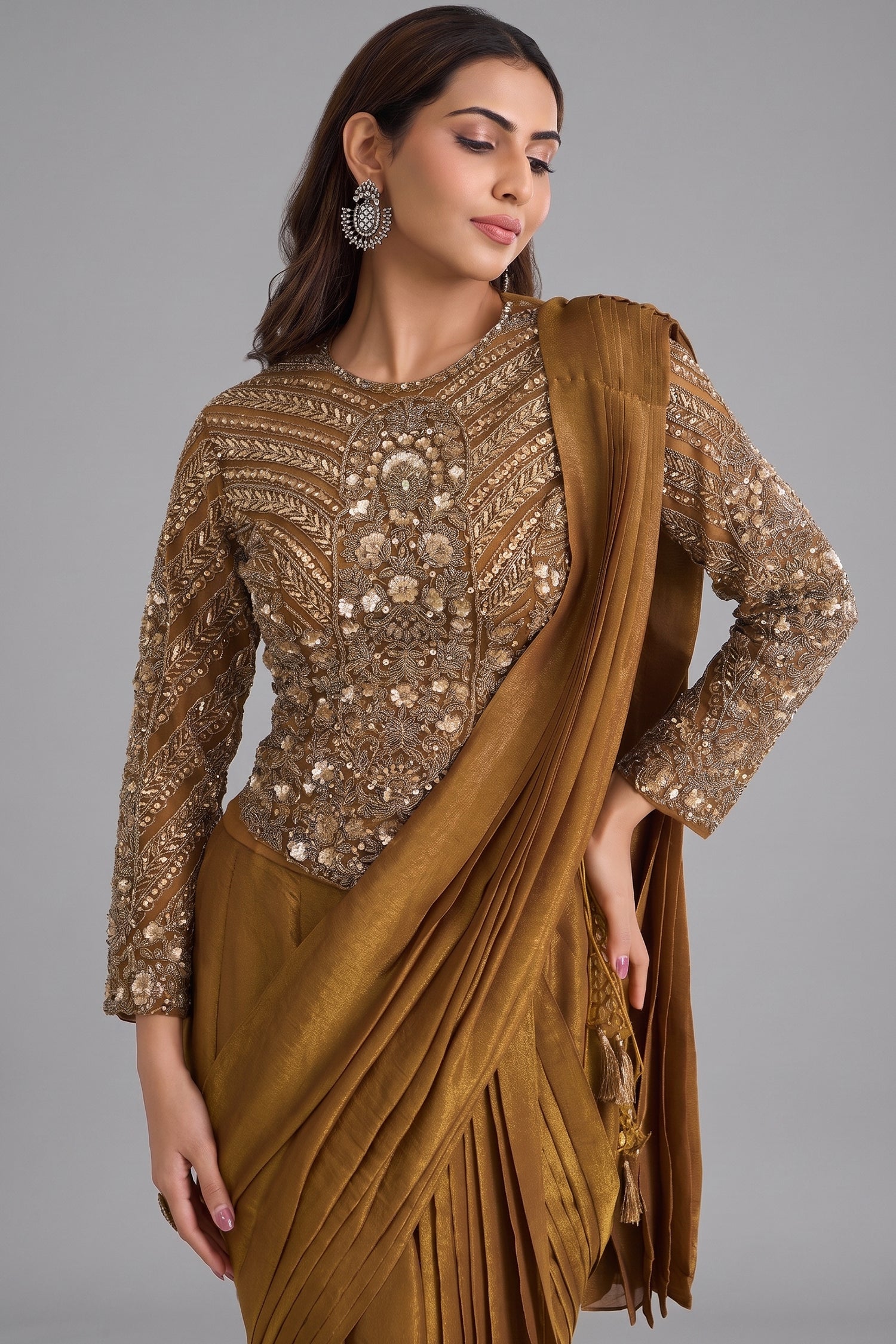 Ochre Gold Shimmer Organza Pre-Draped Saree featuring Corset Secondary image