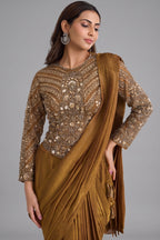 Ochre Gold Shimmer Organza Pre-Draped Saree featuring Corset