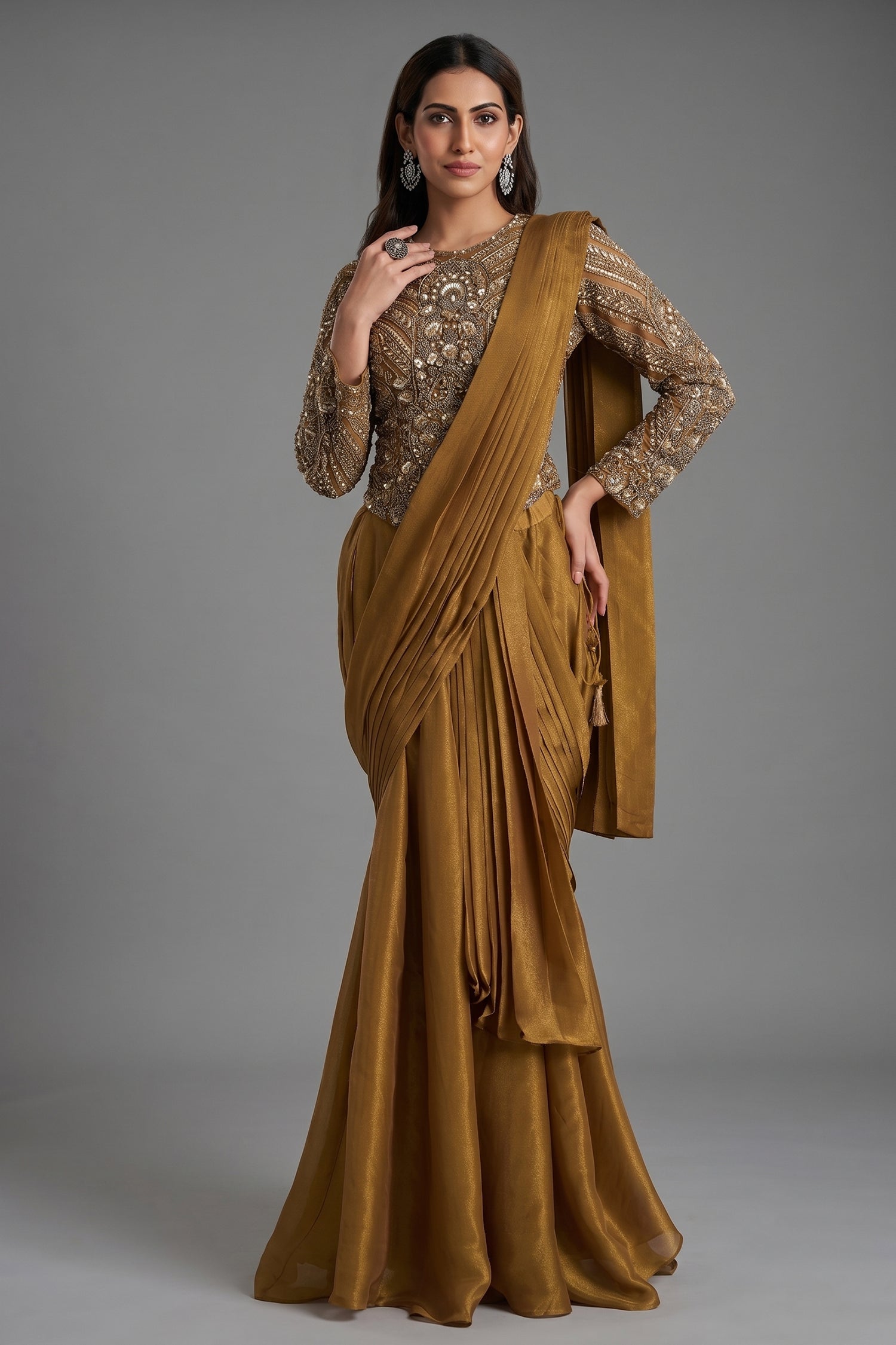 Ochre Gold Shimmer Organza Pre-Draped Saree featuring Corset Main image