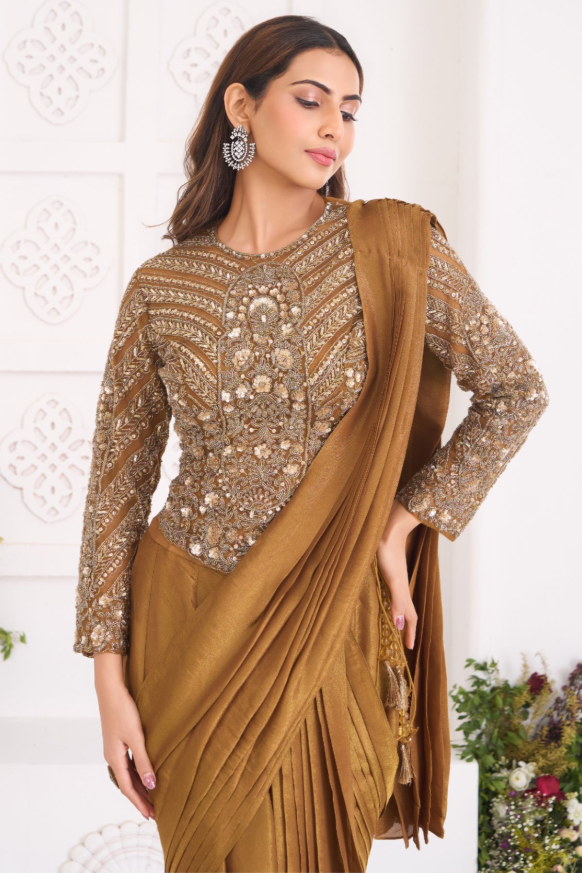 Ochre Gold Shimmer Organza Pre-Draped Saree featuring Corset