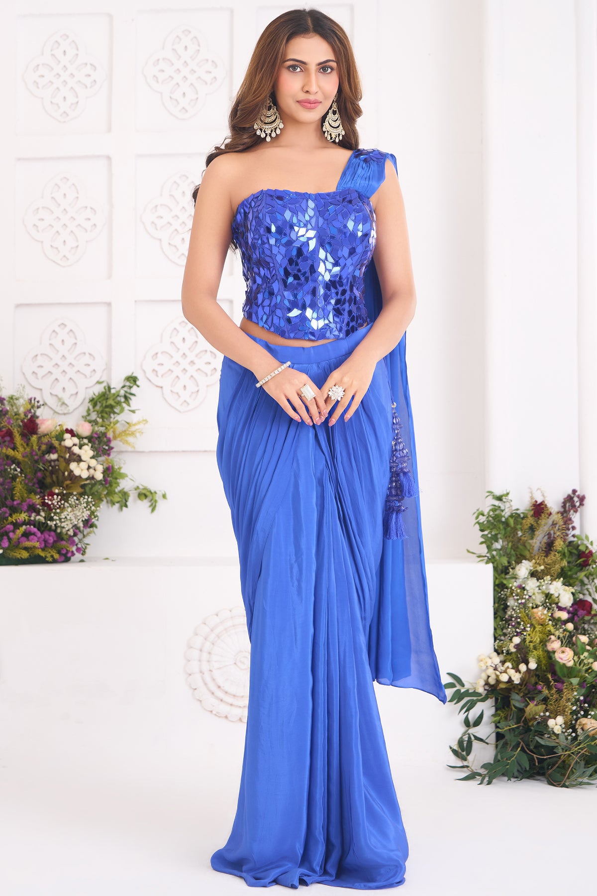 Cobalt Blue Crepe Satin Pre-Draped Saree with Asymmetric Mirror-Foil Applique Corset Blouse